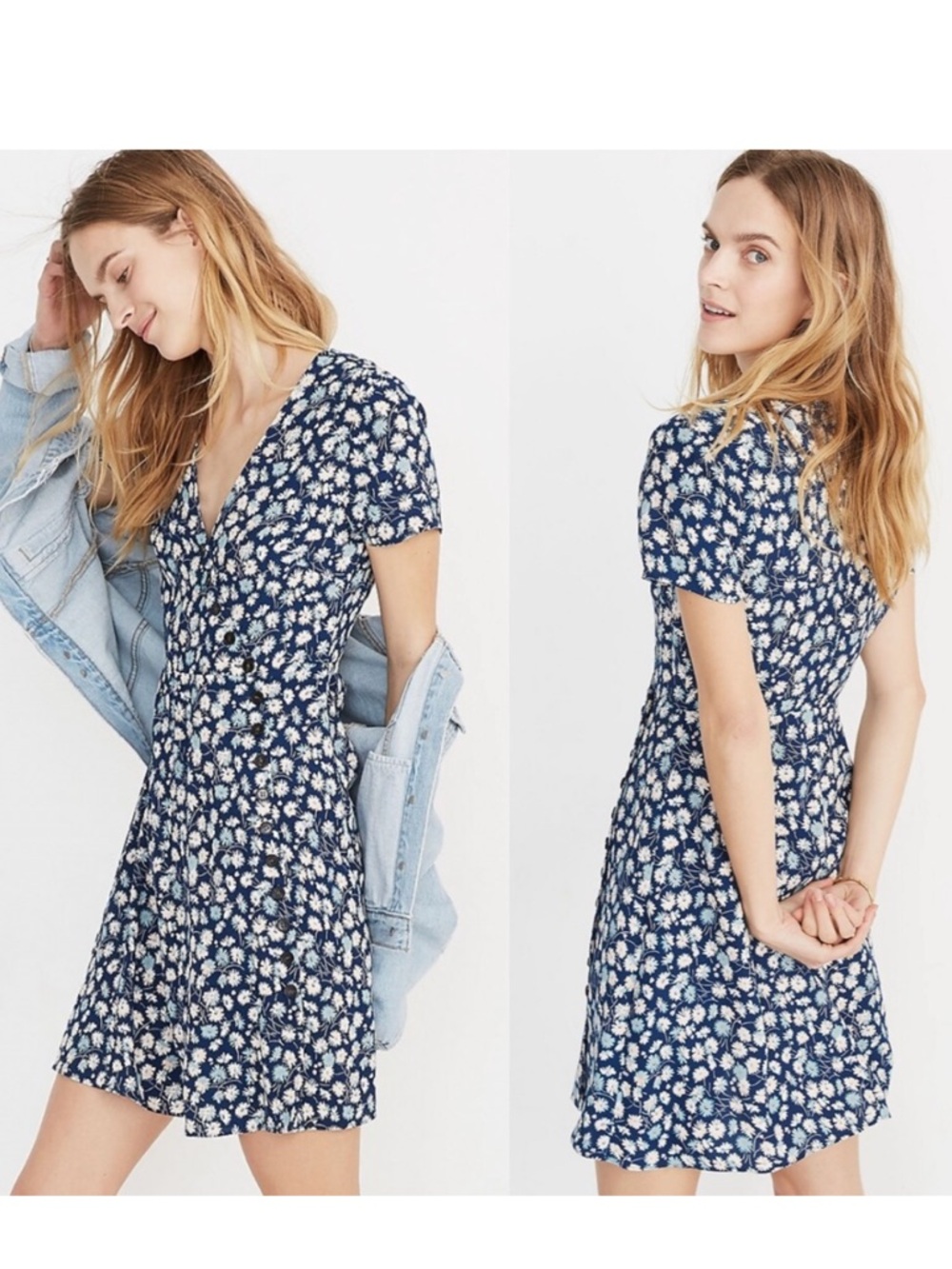 Madewell Button Wrap French Floral Blue Dress